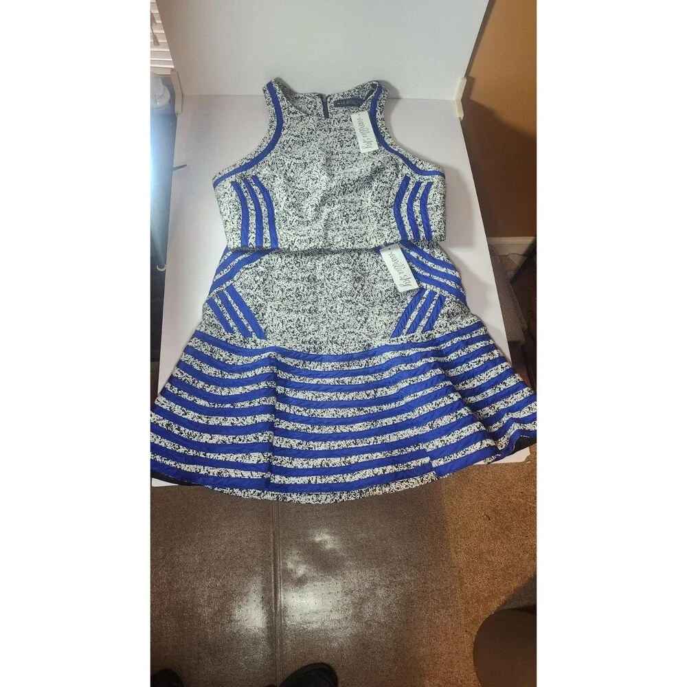 Heart Beeps 2 Pc Vest & Skirt Set Size L Black & White Speckle W Blue Stripe NWT
